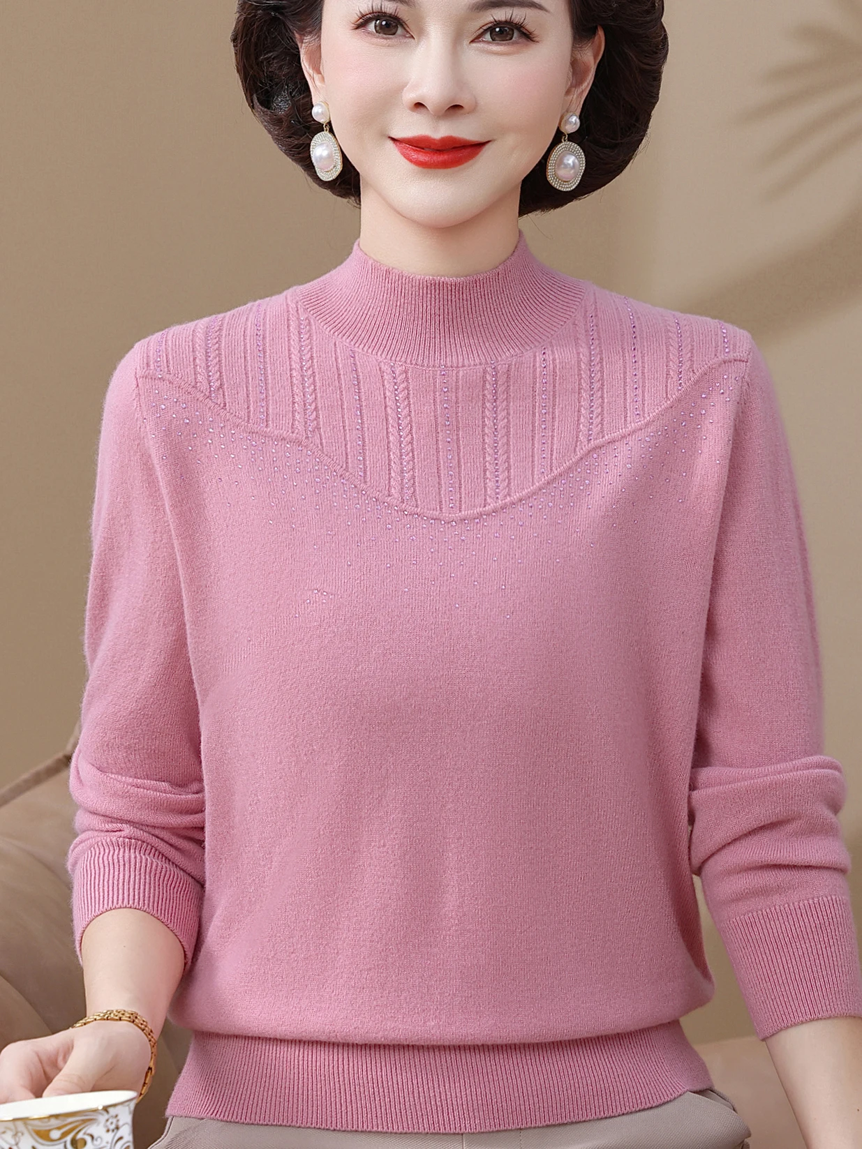 

Модный вязаный свитер с высоким воротником из чистой шерсти и хлопка для женщин среднего возраста и ly, повседневная одежда