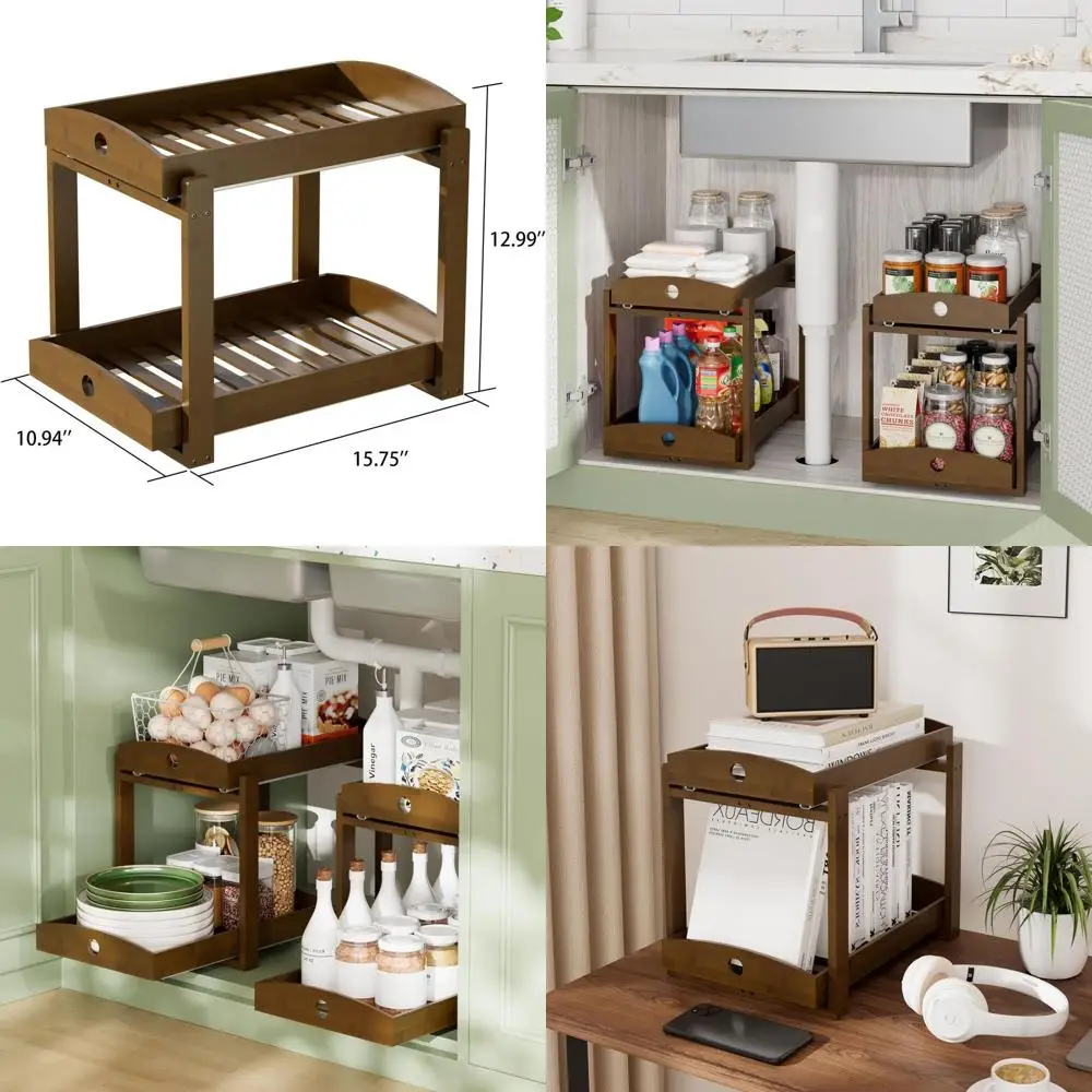 منظم حوض الخيزران بطبقتين، درج منزلق للتخزين للمطبخ والحمام، سهل التجميع، لمسة نهائية من خشب الجوز