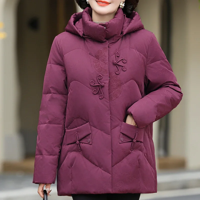 Middle Age Women Winter Short Down Jackets Vintage Embroidery Prakas Hooded 2024 Elegant Thick Warm Down Coats Woman Outerwears