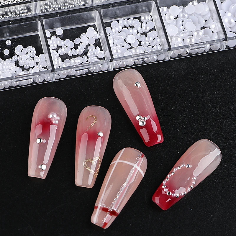 12 Grids White Half Round Pearl Nail Art Decoration Mixed Size Silver Gold Mini Steel Ball Rivet Rhinestone Nail Accessories