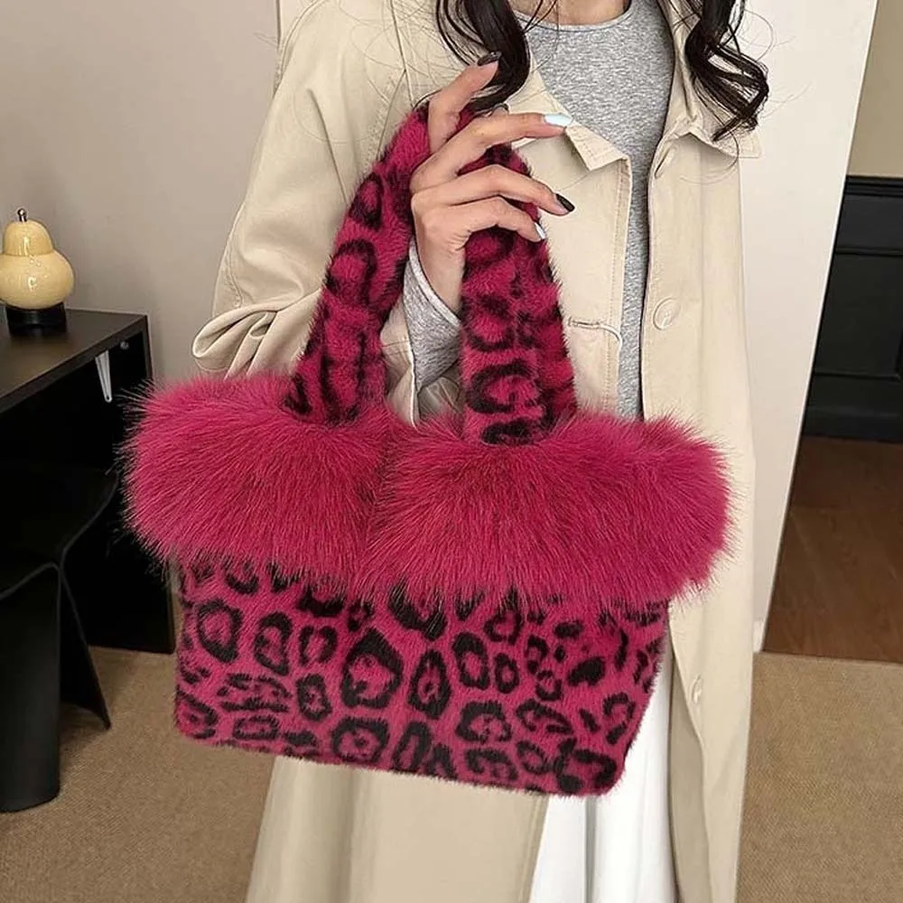 Fur Purse Large Capacity Leopard Handbag Soft Faux Top Handle Winter Shoulder Bag Animal Print Thick Texture Tote Winter Travel