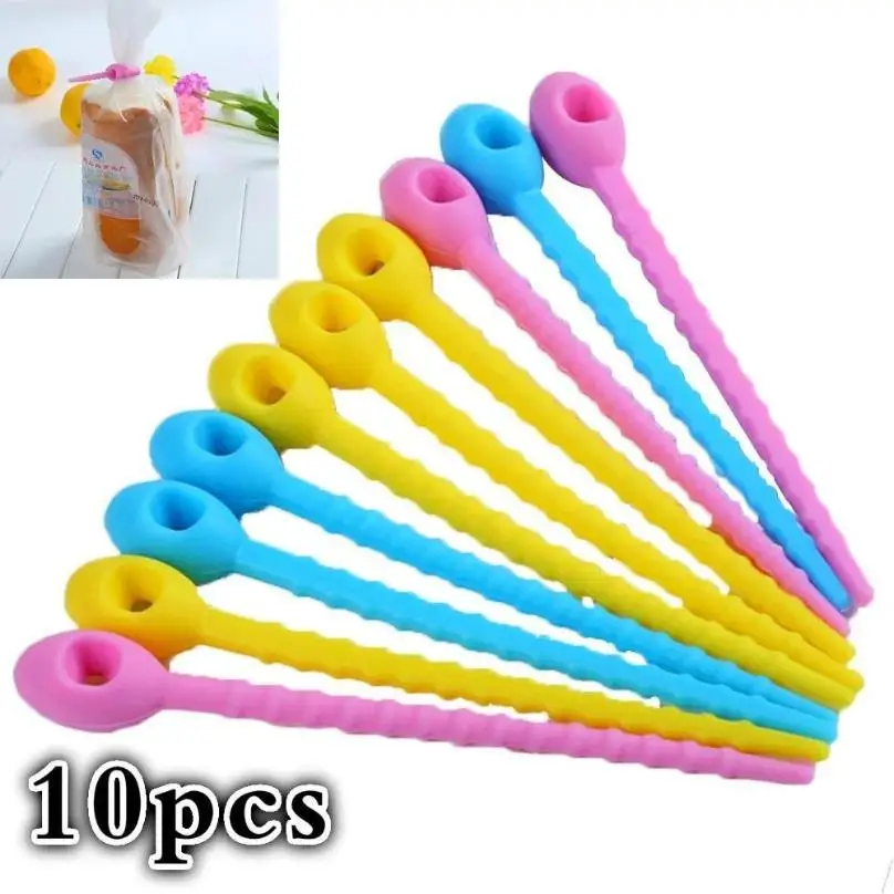 10 Pcs Plastic Food Grade Silicone Bag Ties Zip Ties Self-locking Tie Shoes Bag Label Tag Food Bag Sealing Clamp Random Color