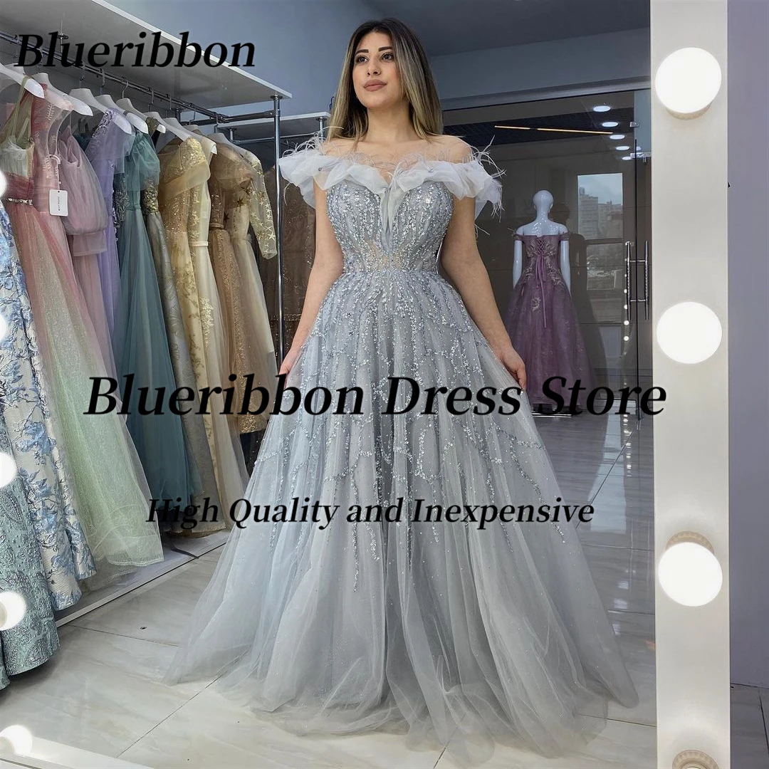 Blueribbon vestidos de baile personalizados com penas frisadas fora do ombro vestidos de noite rendas até voltar dubai festa arábia saudita feminino