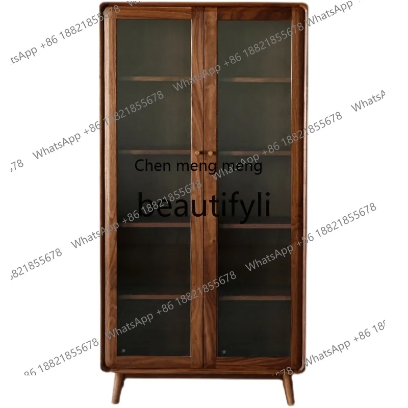 

Walnut solid wood bookcase, living room storage, glass double door vertical cabinet, bookshelf medieval H