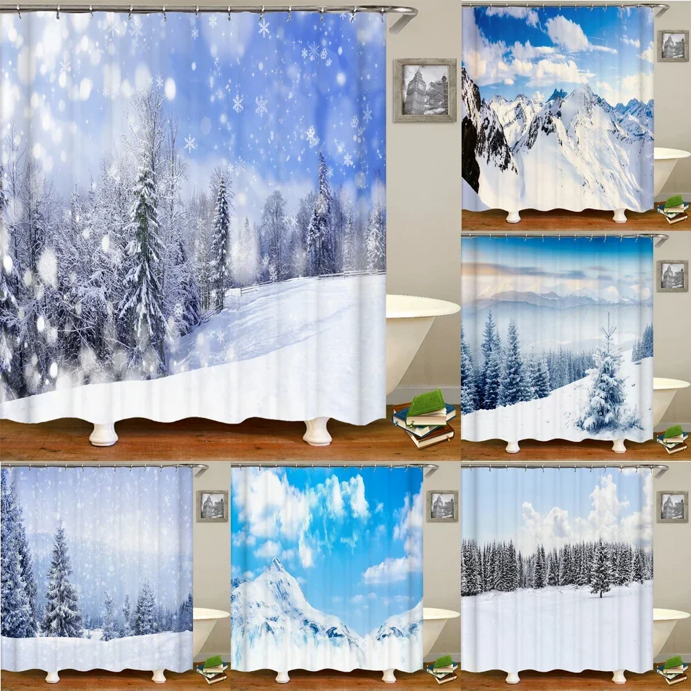 Natural landscape Snowflake Cedar Tree Shower Curtains Bathroom Curtain Frabic Waterproof Polyester Bath Curtain with Hooks