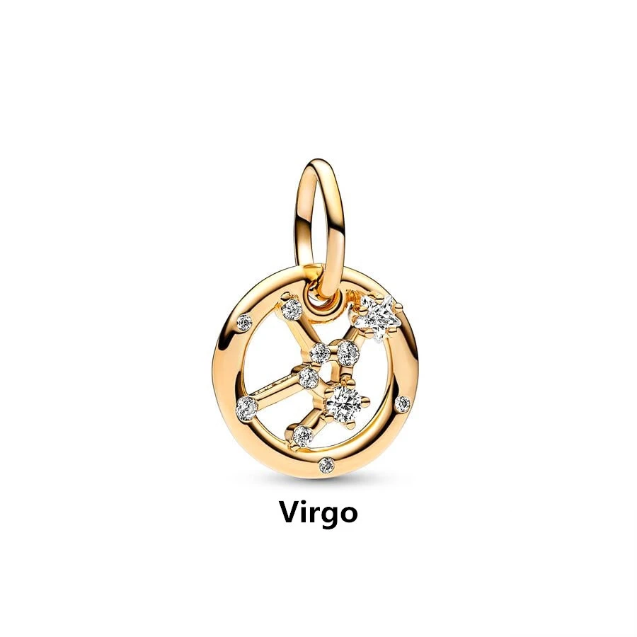 Authentic Gold Plated 12 Zodiac Signs Dangle Charm Bead Fit Original 925 Sterling Silver Bracelet DIY Women Jewelry Gift