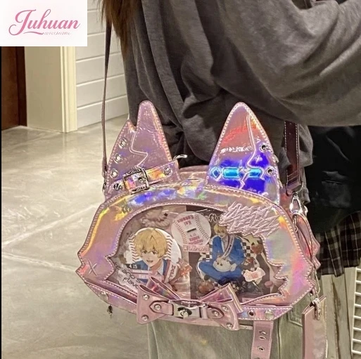 Anime Portable Itabag Y2k JK Kawaii Lolita Cosplay Cute Cat Dominates The World Cat Girl Slant Shoulder Laser Paint Skin Itabag