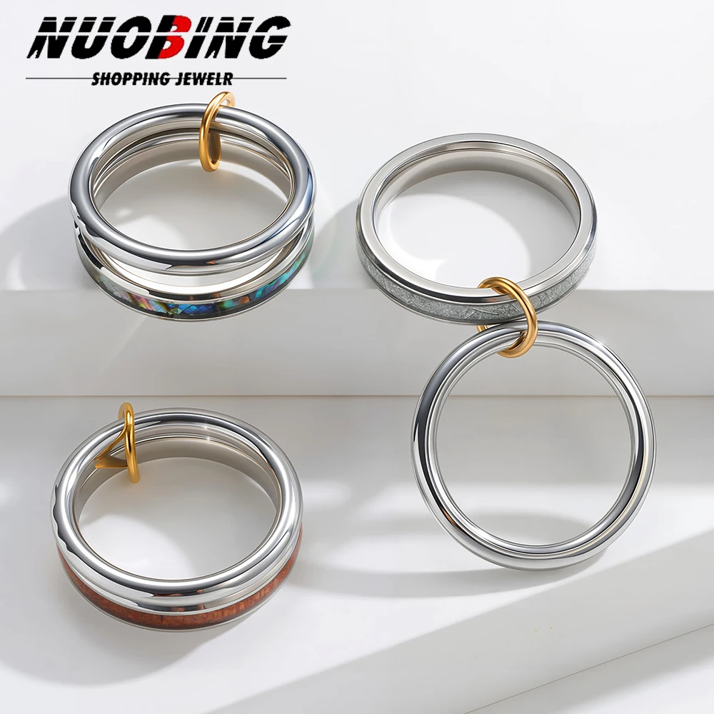 Unique Cool Two Fingers Chain Lce Silk Shell Acacia Wood Hiphop Rings Stainless Steel Trendy Accessories Women Men Gifts