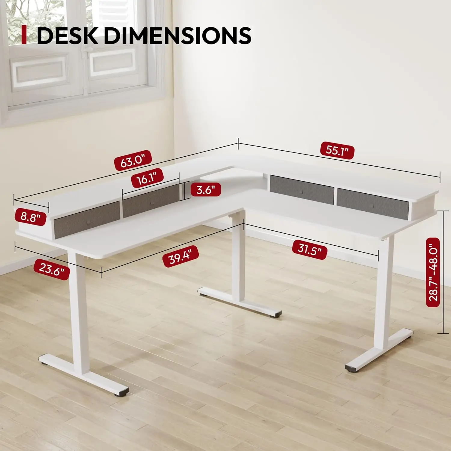 Стоячий стол L-образной формы 63 дюйма с 3 ящиками, регулируемый по высоте стол, угловой игровой стол с подставкой для монитора, новая популярность