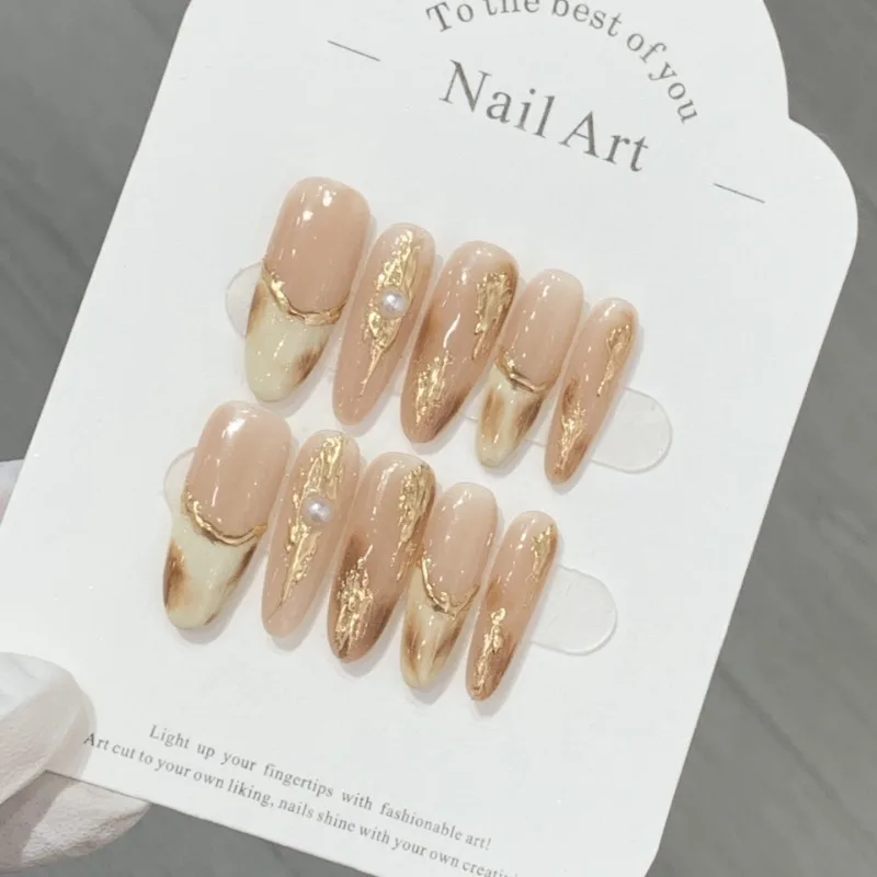 Uñas postizas hechas a mano, uñas artificiales estilo Maillard de Ballet, con pegamento a presión, puntas de uñas de almendra desmontables, 10 piezas