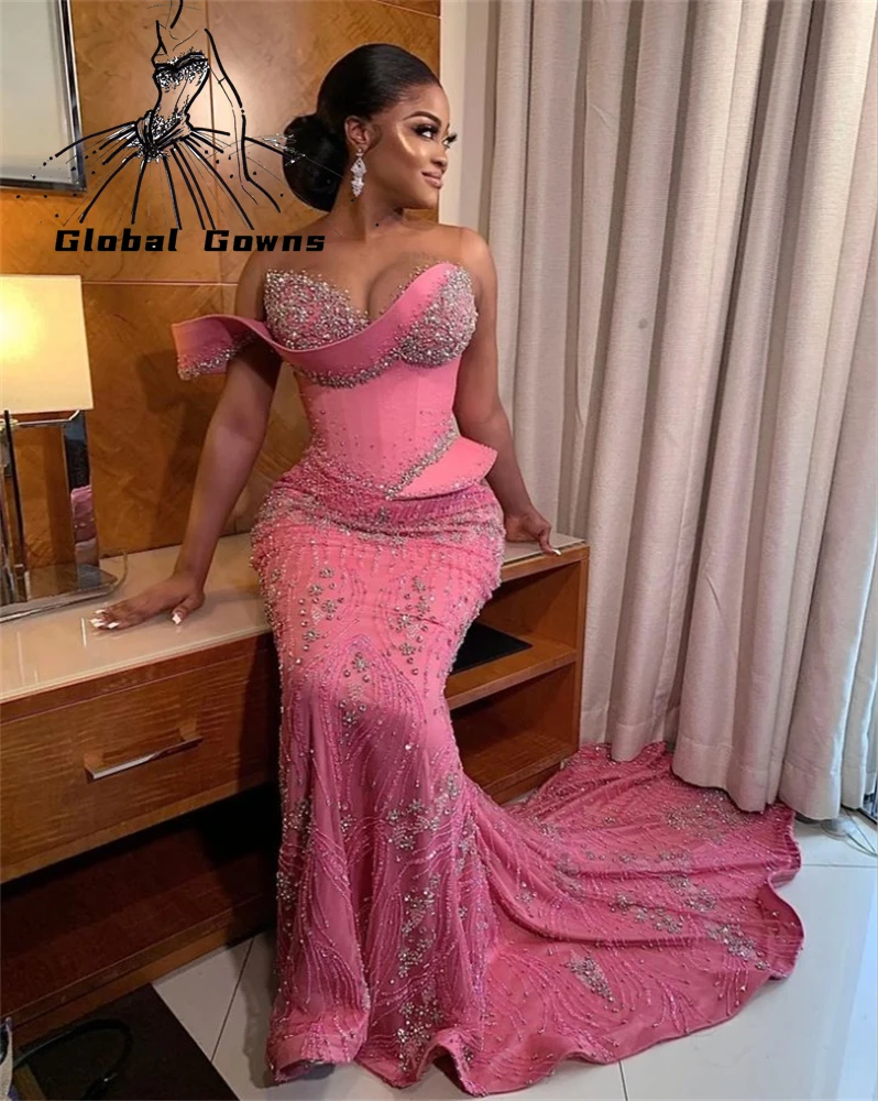 Aso Ebi Pink O Neck Evening Dress For Black Girls Beaded Crystal Birthday Party Dresses Luxury Wedding Prom Gowns Customized