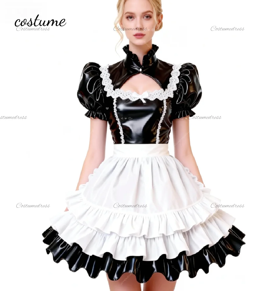 

Черно-белое вечернее платье для косплея с короткими пышными рукавами, костюм горничной, платье для выпускного вечера, винтажное коктейльное вечернее платье из ПВХ