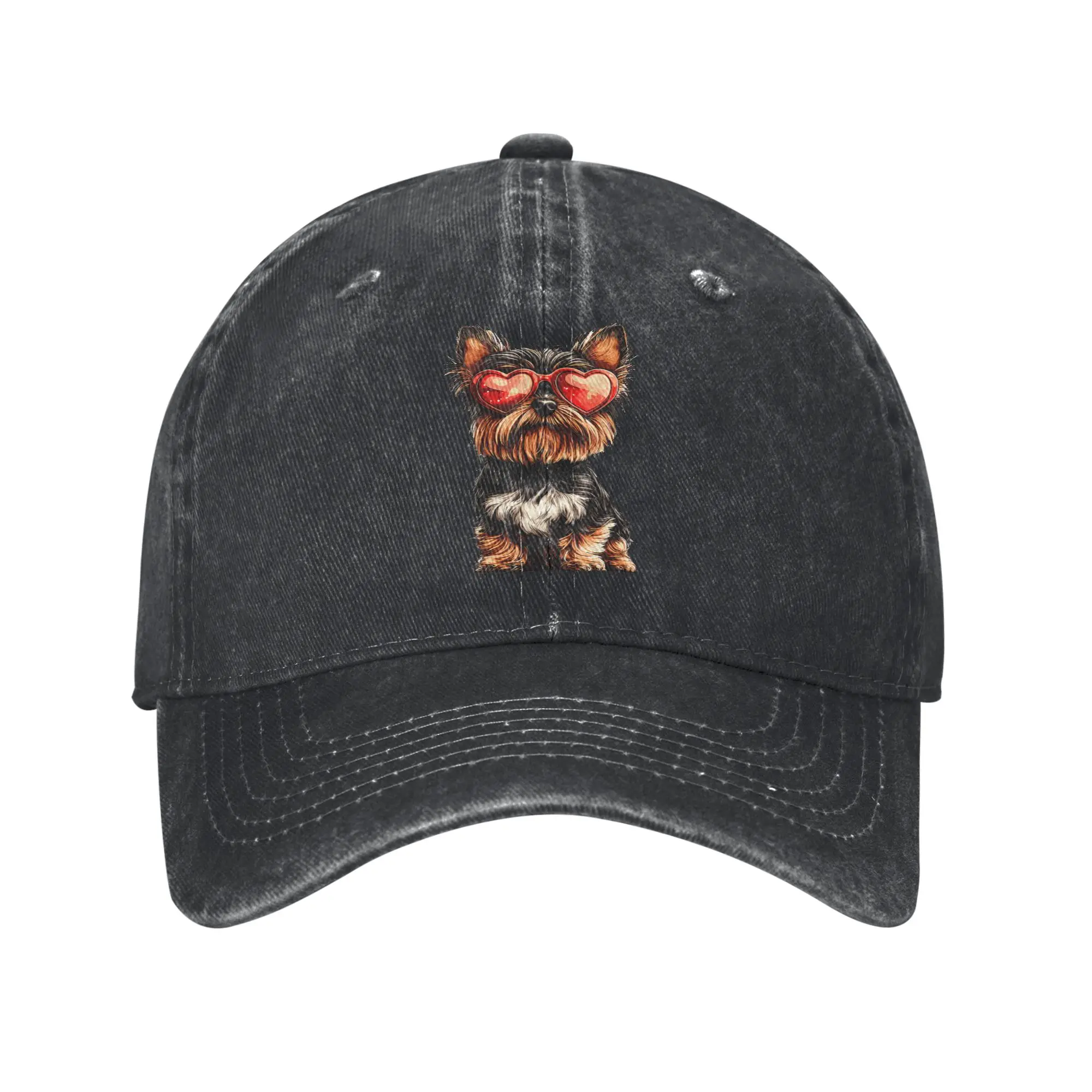 Yorkshire Terrier Heart Glasses Baseball Cap Distressed Denim Valentines Day Dog Lover Sun Cap for Men Women Outdoor Travel Cap