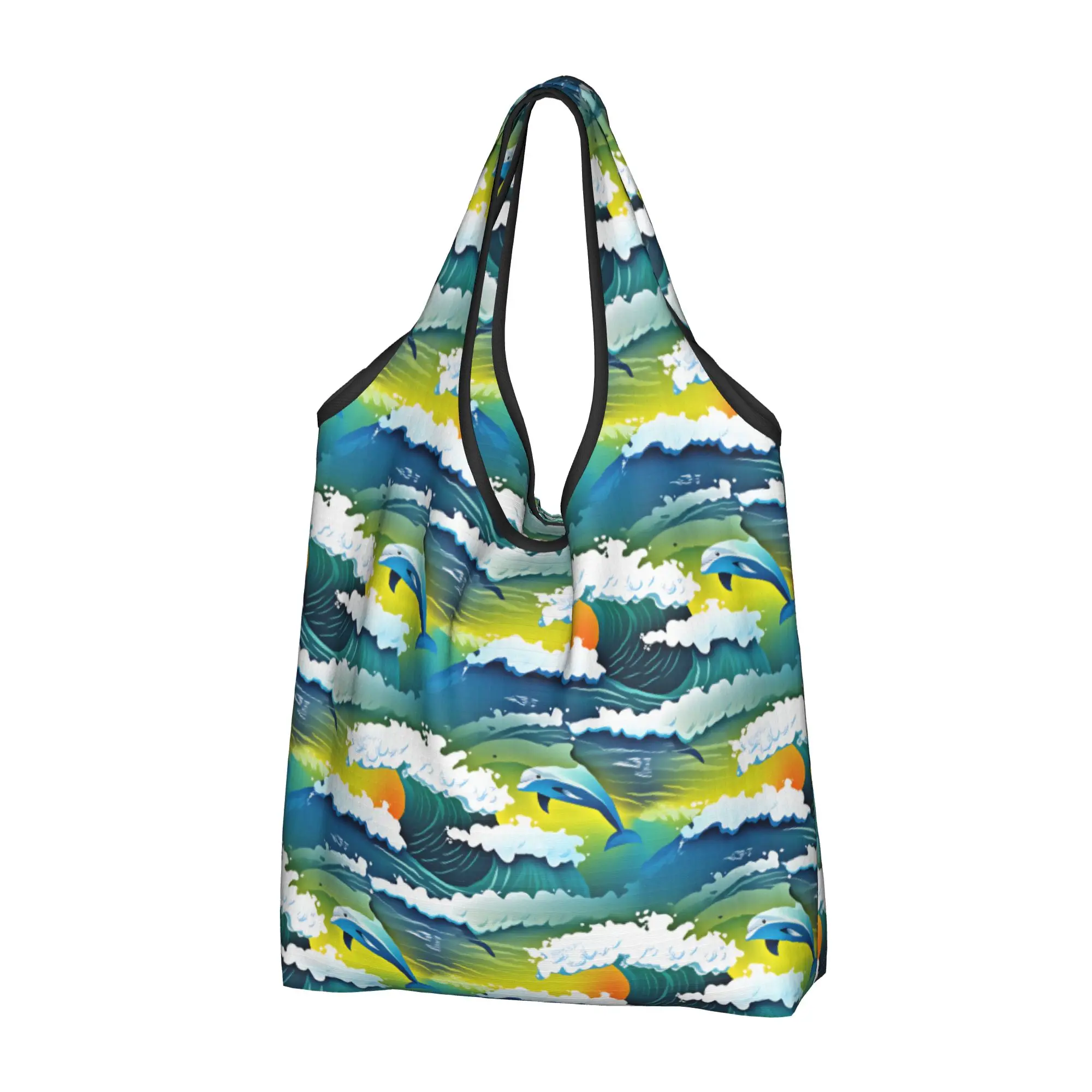 Funny Colourful Creative Dolphins Grocery Shopping Bags Funny Shopper Tote Shoulder Bags Big Capacity Portable  Handbag