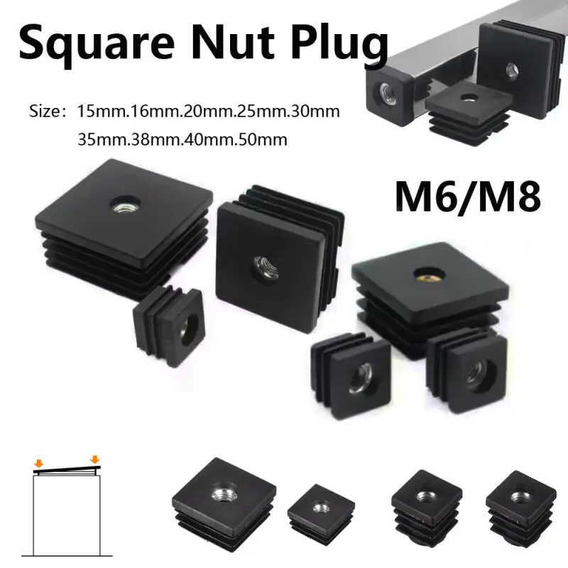 4/8/12/20pcs Black Square Pipe Plugs with Nut Hole Blanking End Inserts Caps Pipe Cover M6 M8 Furniture Leg Feet Tube Plug