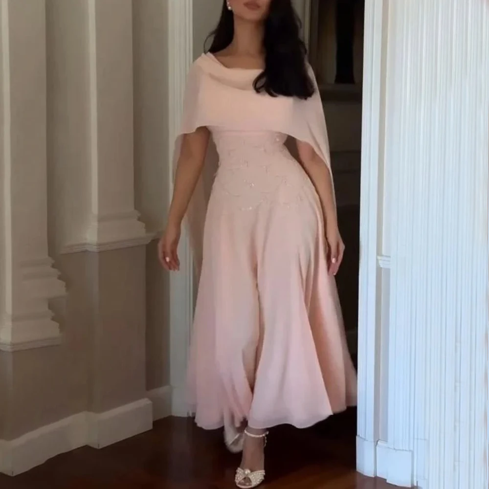 

Customized Pink Spaghetti Straps Evening Dress Sleeveless Classic A-Line Ankle Length Chiffon with Beading and Scarf Gowns