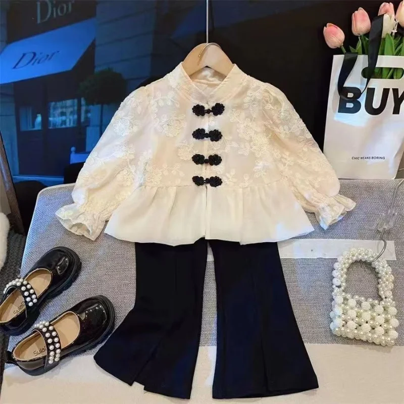 Girls' Set Spring and Autumn New Style Children's Chinese Style Button Embroidery Top Flared Pants Two-piece Set 2-7Y