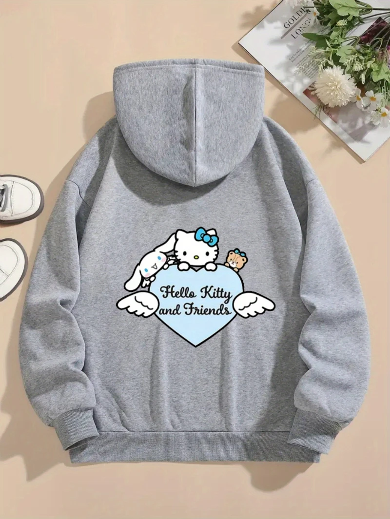 Moletom com capuz estampado Sanrio Picture Hello Kitty com cordão para outono e inverno de algodão quente, confortável e elegante