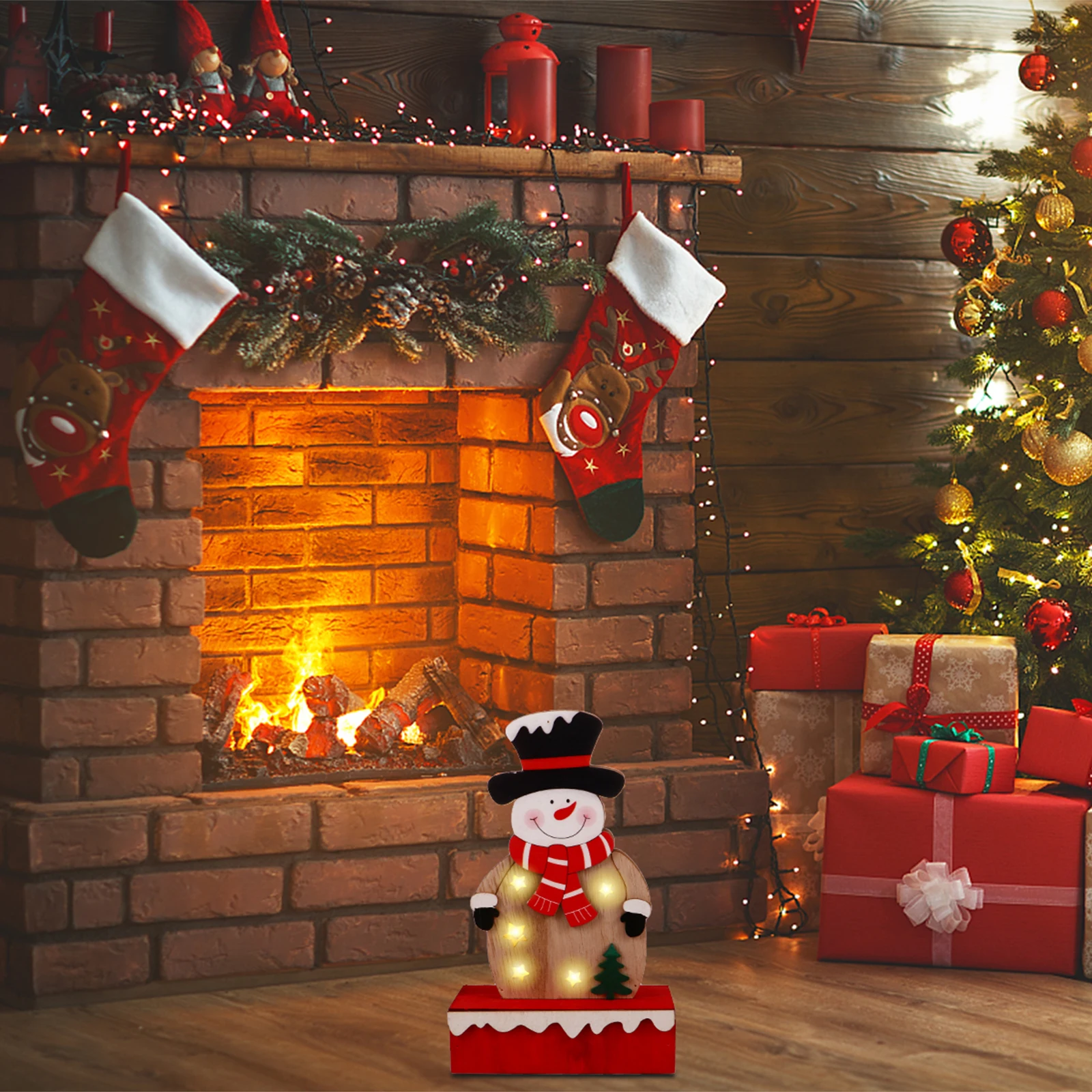

1pc Snowman Lighted Christmas Ornament Wooden Luminous Decorative Lamp For Tabletop Home Bedroom Window Holiday Party 1 Pack
