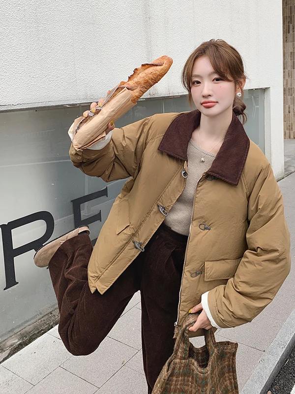 레트로 한국 스타일 컬러 블록 다운 재킷 여성용 겨울 흰색 다운 코트 따뜻하고 멋스러운 스트레이트 컷