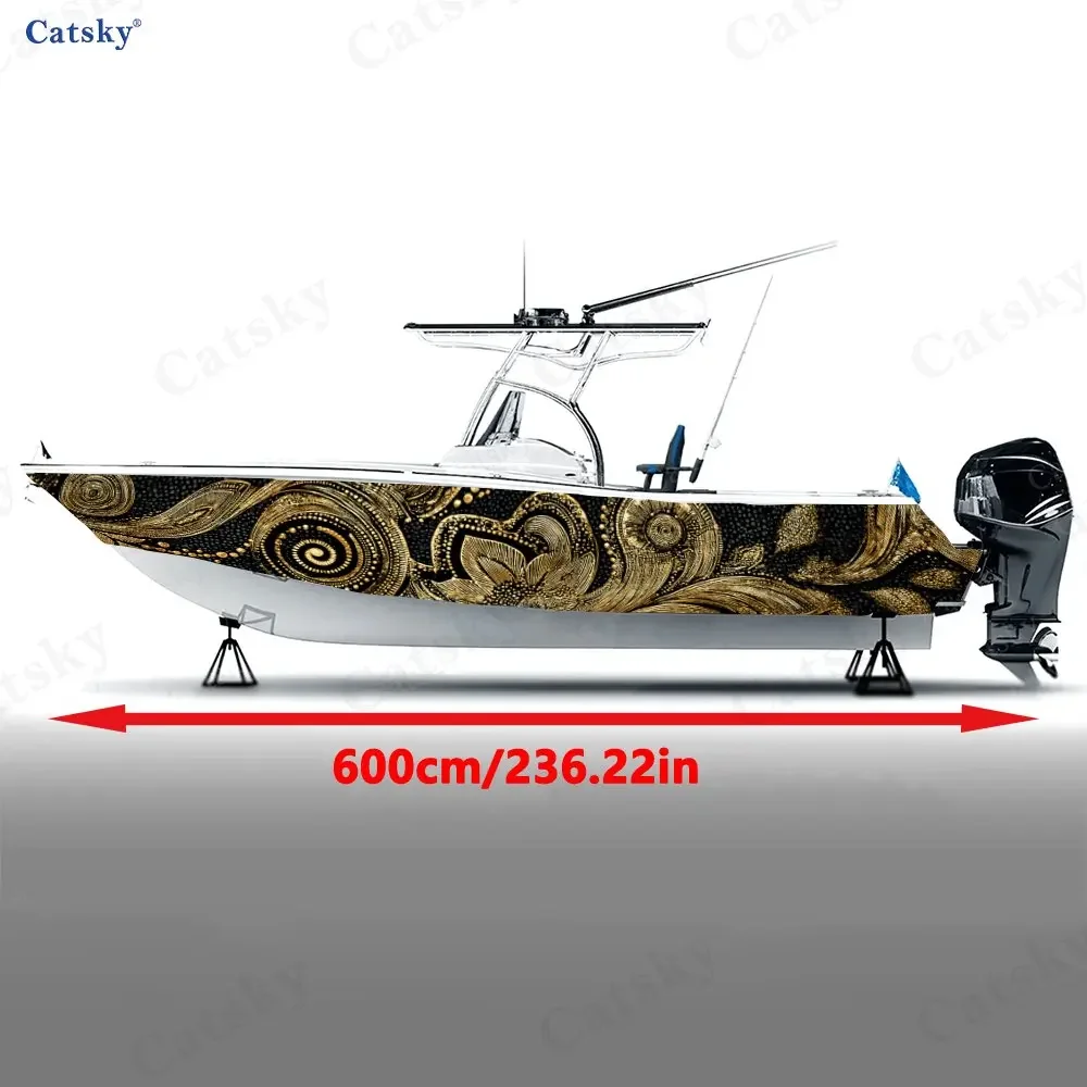 Luxury Black & Gold Swirl Boat Stickers, PVC Waterproof Durable Vinyl Wrap Decals for Fishing Boats, Durable and Stylish Design