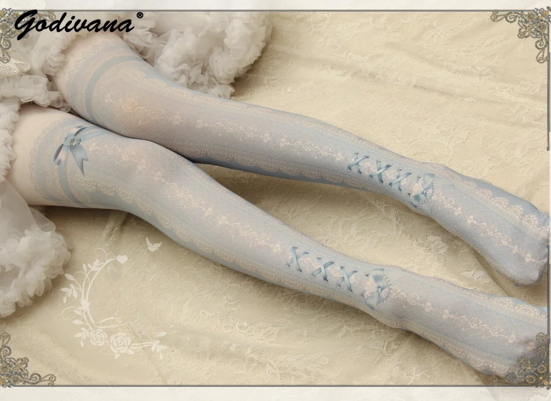 Lace Printed Socks Spring Summer and Autumn Lolita Stockings Female Girls Multicolor Bow Bandage Pantyhose Fashion Tights