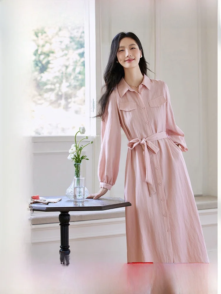 

Vimly Women's Ruffle Sve Long Dr irt Collar Slim Fit A-Line Skirt Lyrical Fiber Autumn New Sle Ele Faion