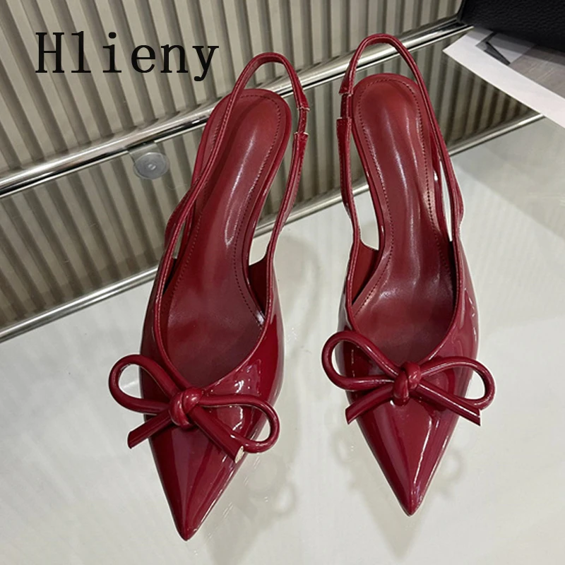 Hlieny  Street Style Patent Leather Slingbacks Woman Pumps Sexy Bowknot Pointed Toe Red High Heels Wedding Party Female Shoes