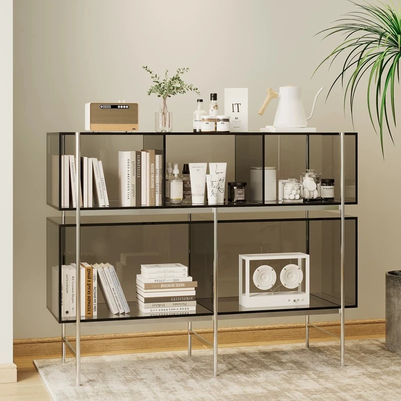 Integrated storage bookshelf against the wall, multi-layer corner storage display storage cabinet next to the sofa