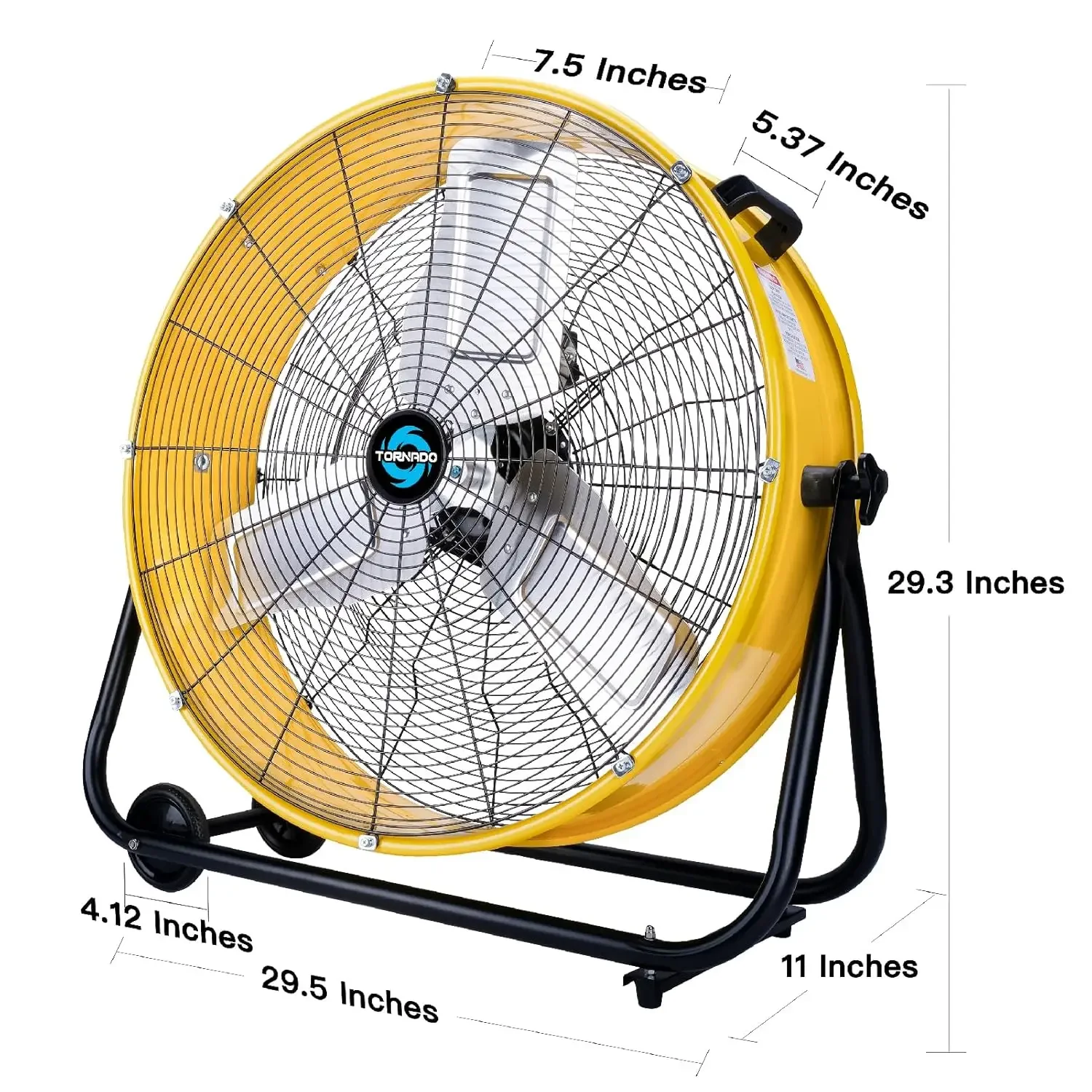 24 Inch High Velocity Heavy Duty Tilt Metal Drum Fan Yellow , Industrial Use 3 Speed 8540 CFM 1/3 HP 8 FT Cord UL Safety Listed