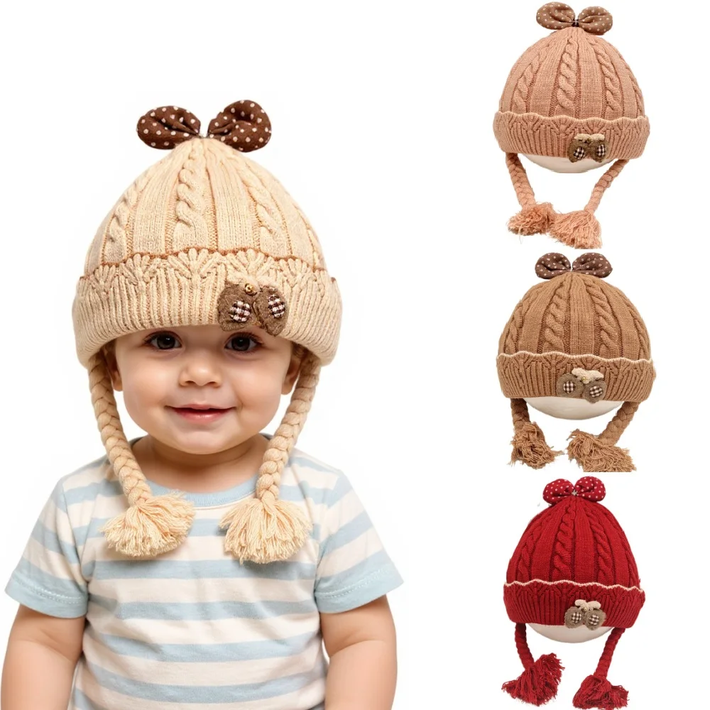 

New Autumn Winter Knitted Baby Hat with Bowknot Infant Bonnet Girls Ear Protection Hat Outdoor Warm Crochet Kids Beanies Cap