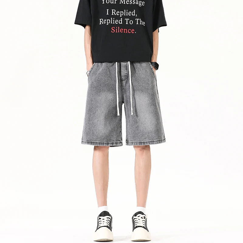 Smoke Grey Summer Men's Elastic Waist Drawstring Jeans Mid-Length Pants Non-Stretch Comfortable Fit Casual Trousers