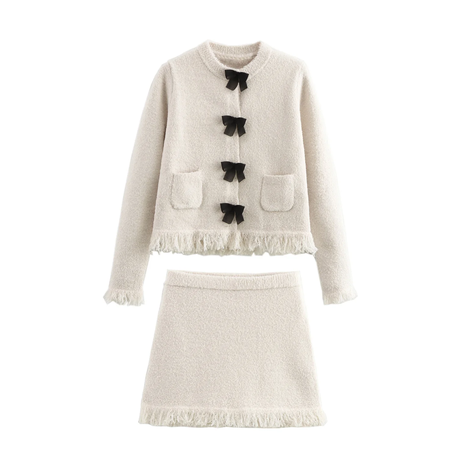 European And American Style Autumn And Winter New Product Women\'s Bow Decoration Round Neck Long Sleeved Knitted Jacket Skirt