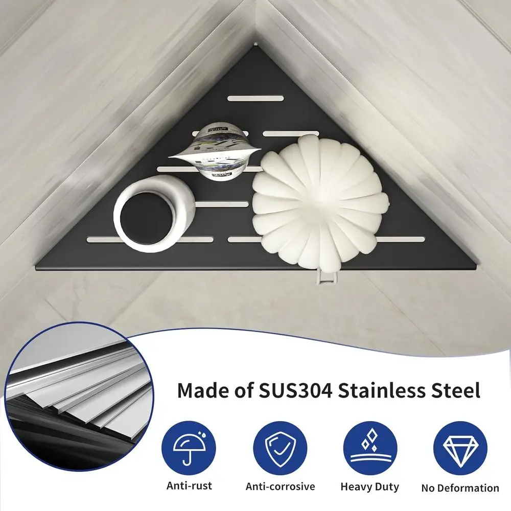 10 Matte Black 304 Stainless Steel Corner Shower Shelf, Recessed Slot Design, Tiled Wall Mount, 2-Pack