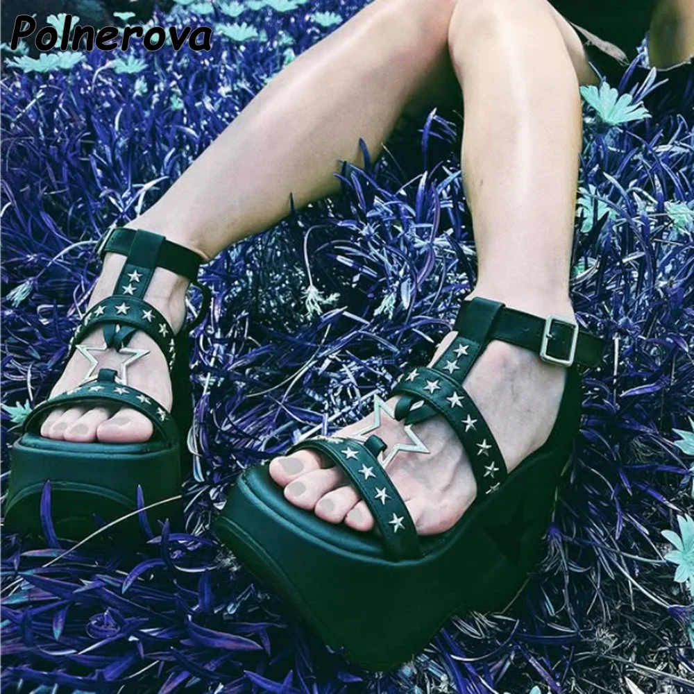 Metal Five-Pointed Star Rivet Sandals Hollow Black Silvery Platform Thick Soled T Strap Shoes Summer Leather Women's Shoes