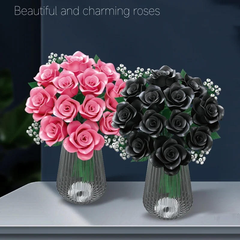 

Black Pink Rose Building Block Set Plant Bouquet Simulated Roses Flowers Gothic Decor Decorative Ornaments Valentines Day Gift