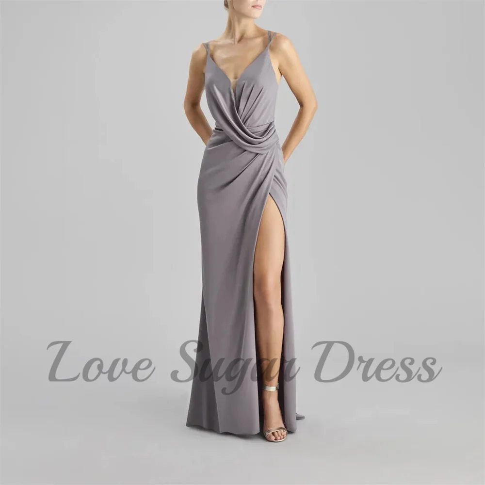 

Women Sexy Deep V Neck Evening Dresses Spaghetti Strap Pleated Long Prom Dress High Slit Formal Party Gowns robes de soirée