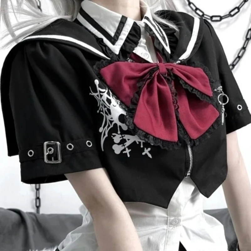 일본 달콤한 카와이 로리타 드레스 세트 여성 Y2K 미학 짧은 코트 + 레이스 미니 스커트 하라주쿠 고딕 시크 레트로 JK 의상