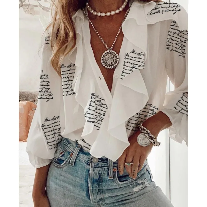 

Fashion Printed Shirt For Women's Autumn New Chiffon Shirts Sexy Lotus Leaf V-neck Ruffle Edge Single Breasted Long Sleeved Tops