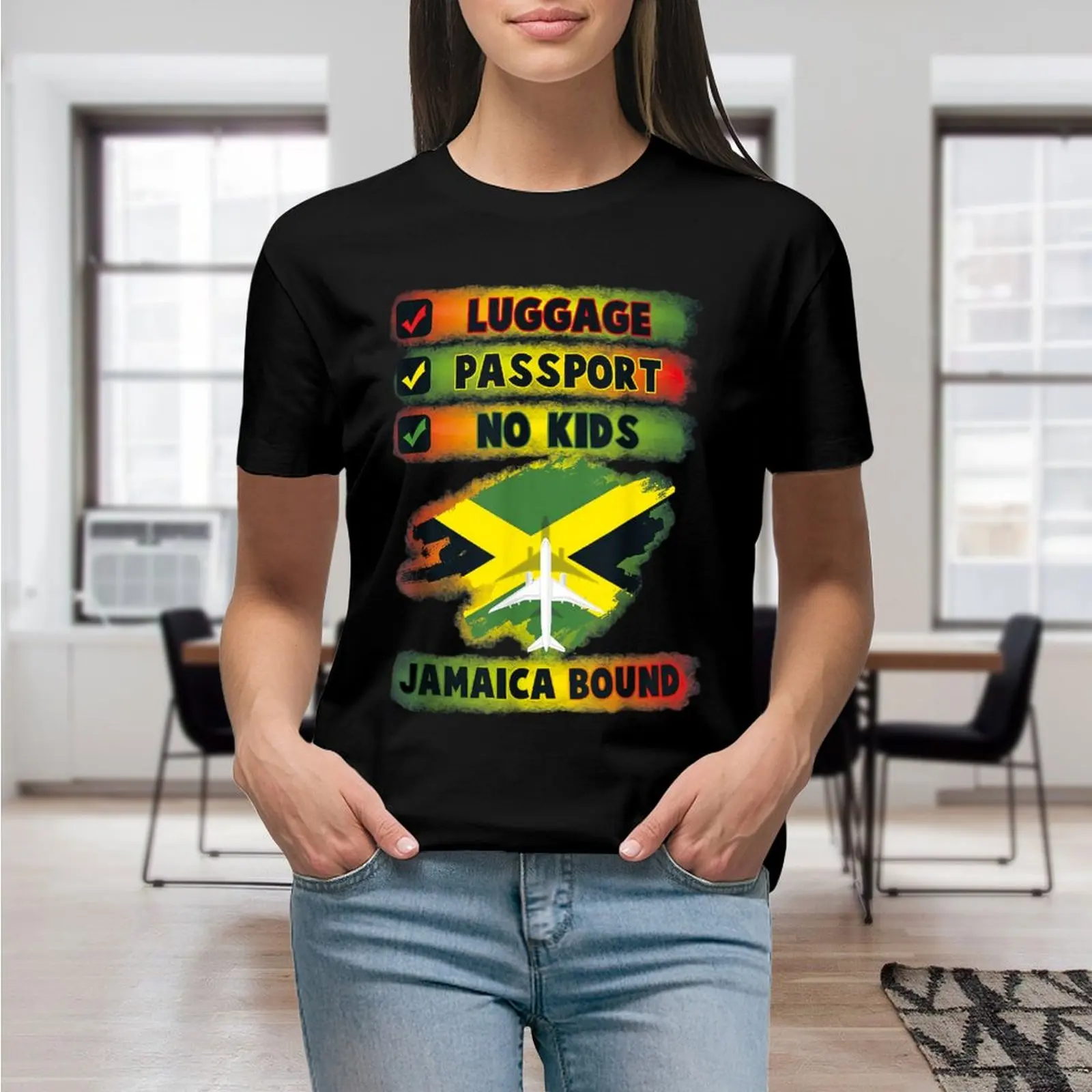 Travel Vacation To Jamaica Bound Luggage Passport No Kids Shirt Graphic Shirt Casual Short Sleeved Female Tee T-Shirt Size S-4XL