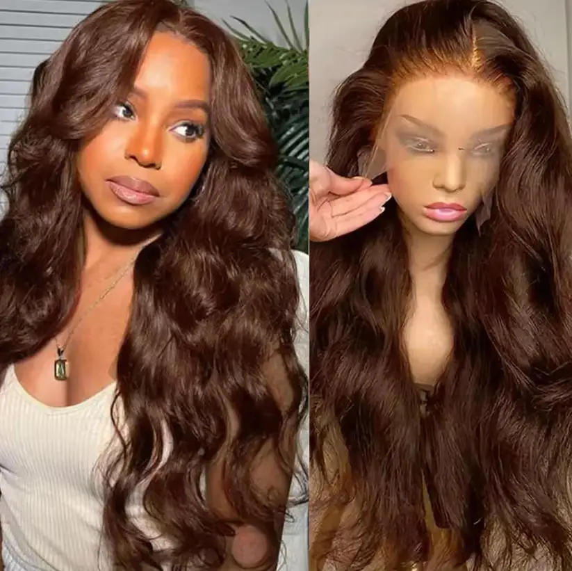 Perruque en cheveux humains ondulés soyeux à faible perte de cheveux, modèle classique # 4 perruques en dentelle couleur brun chocolat, densité 200, avec deux bonnets en dentelle, frontal transparent 13x4 et tailles 5x5, longueurs 16-34 pouces