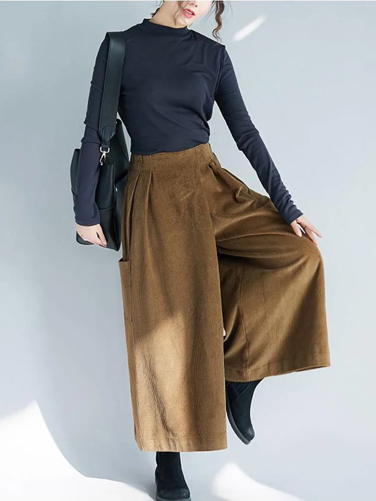 Baggy Womens Corduroy Culotte Vintage High Waist Wide Leg Pants Korean Fashion Ankle-length Big Size 4xl Pantalones Casual 2023