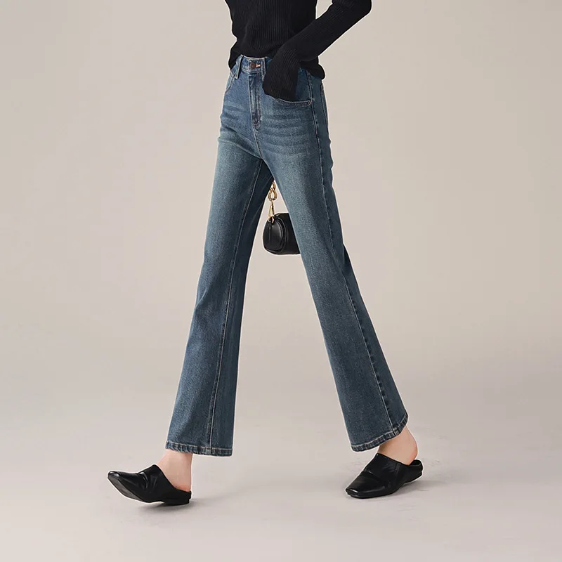 Boweylun Autumn High-waisted Jeans Women Elastic Slim Nostalgia Retro Micro Flare Nine-quarter Pants Girls