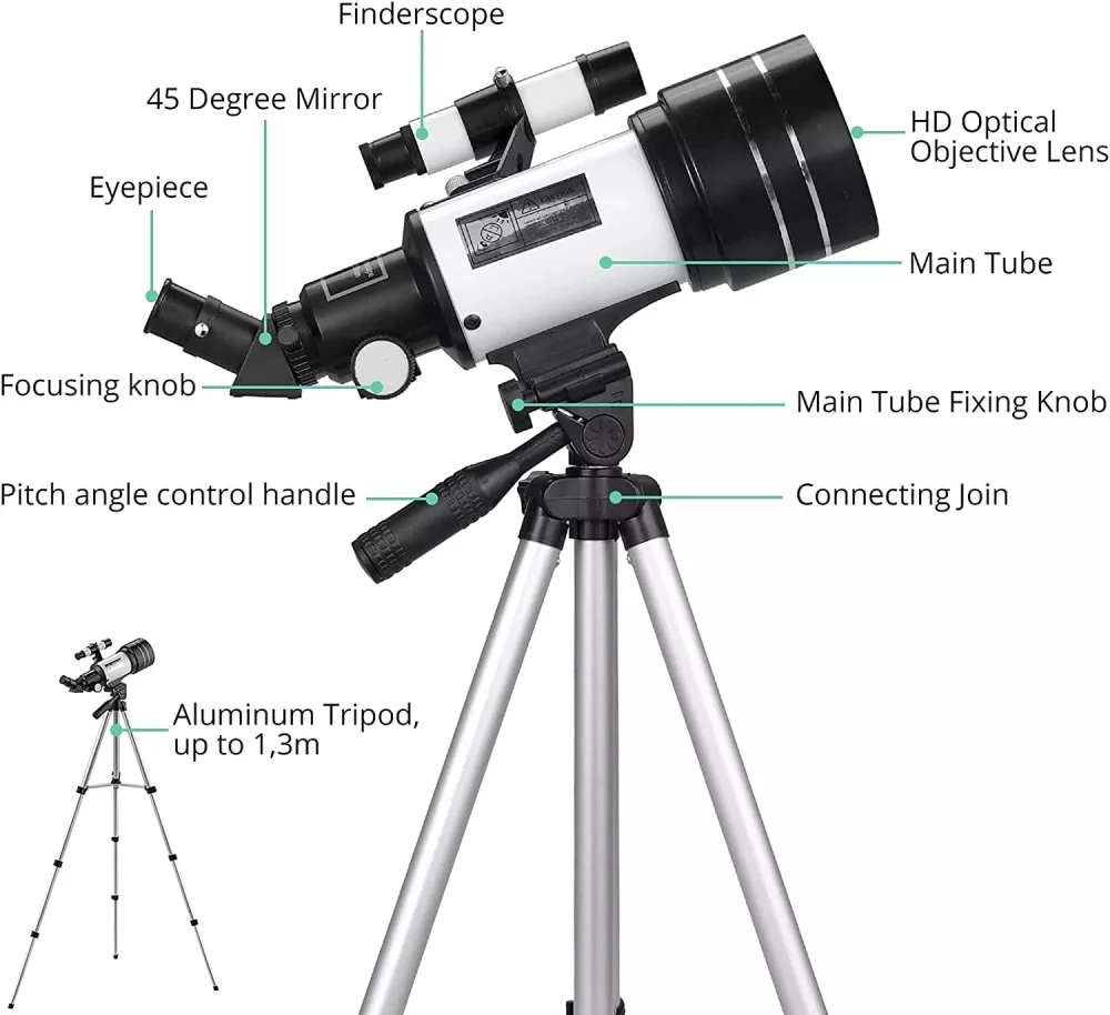 Ponbos telescópio astronômico profissional 70mm ocular 150x poderoso monocular telescópio de visão noturna para acampamento com tripé