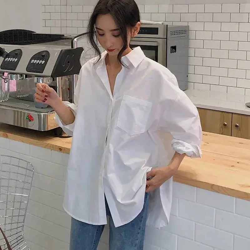 Rimocy Turn-Down Collar Women\'s White Shirt Korean Style Loose Long Sleeve Blouse Woman Single-Breasted Office Shirts Ladies