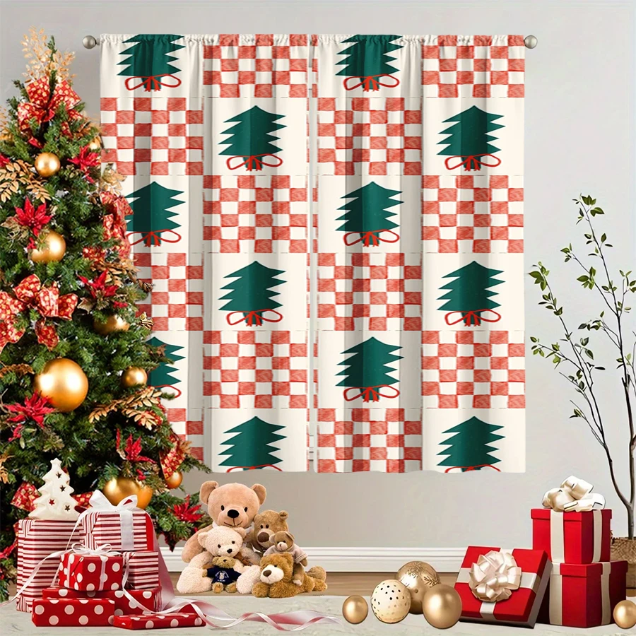 2PCS Christmas Winter Curtains, Red Checker Tree Bow Green White Plaid Pattern, Digital Print, Bedroom Living Room, Home Decor