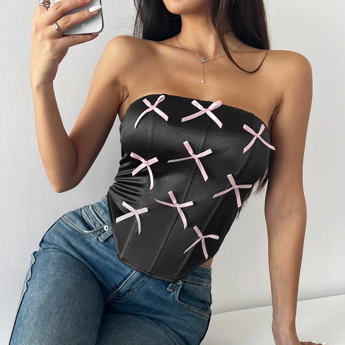 

Sexy Corset Women Clothing Trends Hollow Crop Top with Bow Summer Slim Bodyshaper Cami Streetwear Outfit Boned Lace-up Tube Tops