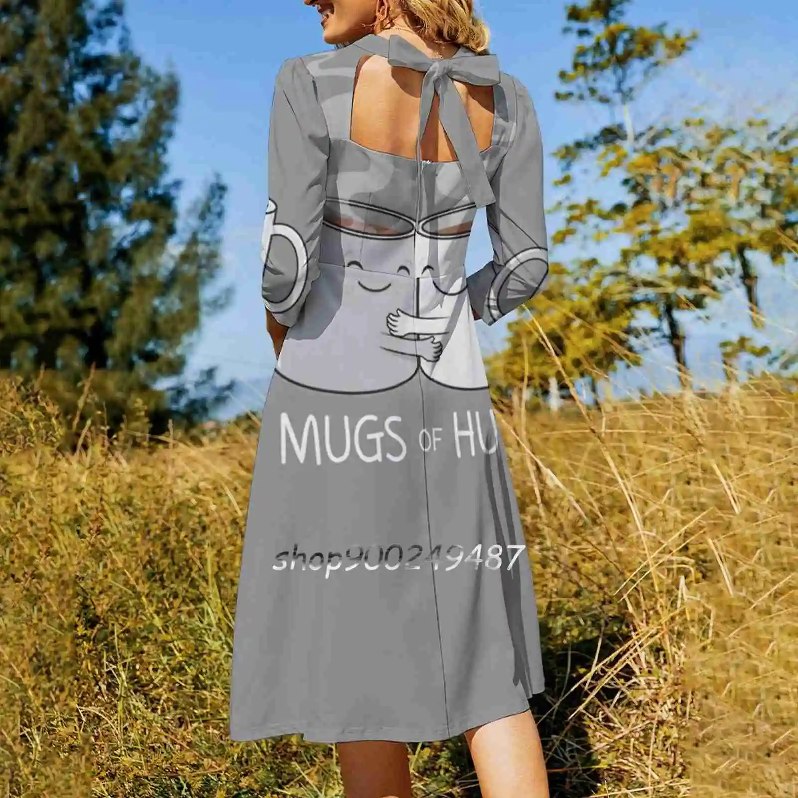 Mugs Of Hugs Sweet Elegant Dress Women Korean Kawaii Square Collar Dress Coffee Java Happiness Mornings Coffee Lover Hus Cute