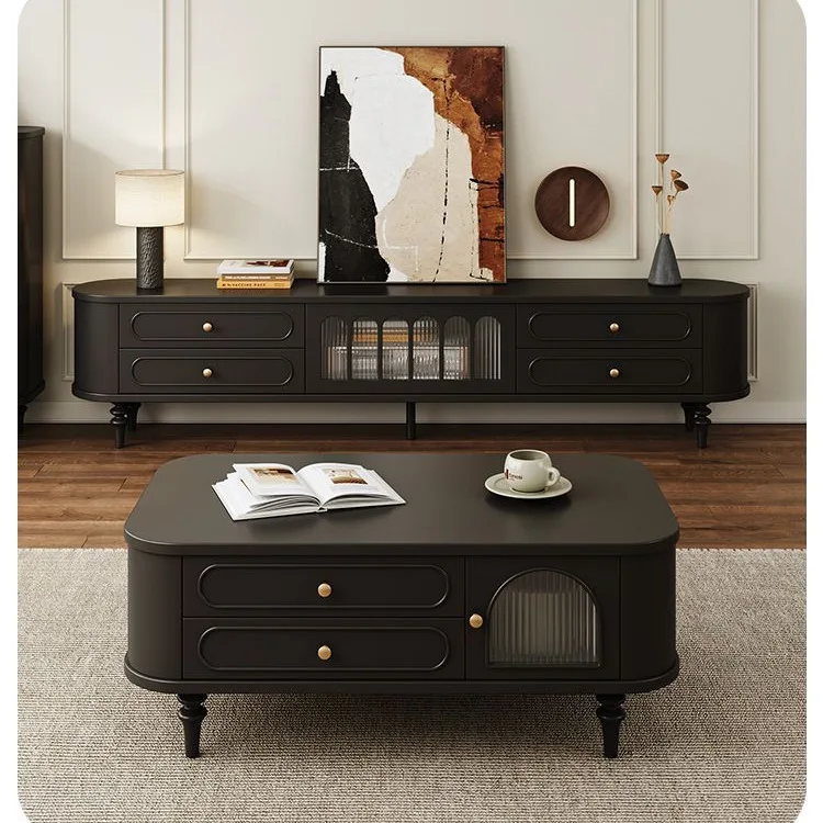 Factory Direct 2026 New Chinese TV Cabinet Simple Medieval TV Cabinet Solid Wood French Retro Home Tea Table Two-piece Set Side