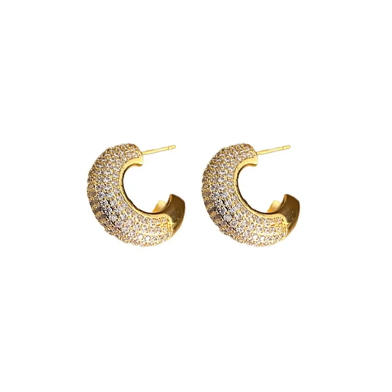 2024 New Niche Design Full of Zirconium C-shaped Earrings High-end and Light Luxury Earrings for Women Jewelry